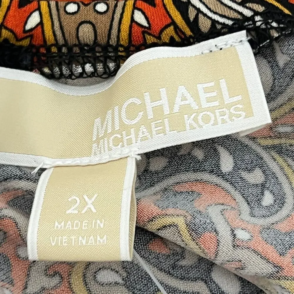 Michael Michael Kors Womens Paisley Ruched Top 2X Orange Black Autumn NEW $88